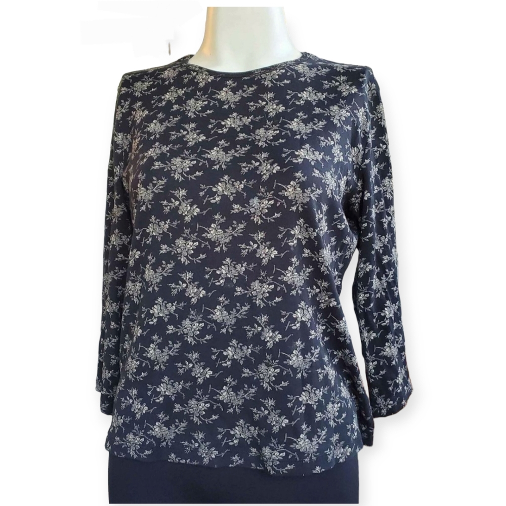 VTG Lauren Ralph Lauren Petite Black Floral Cotton Longsleeved Blouse Top P/L